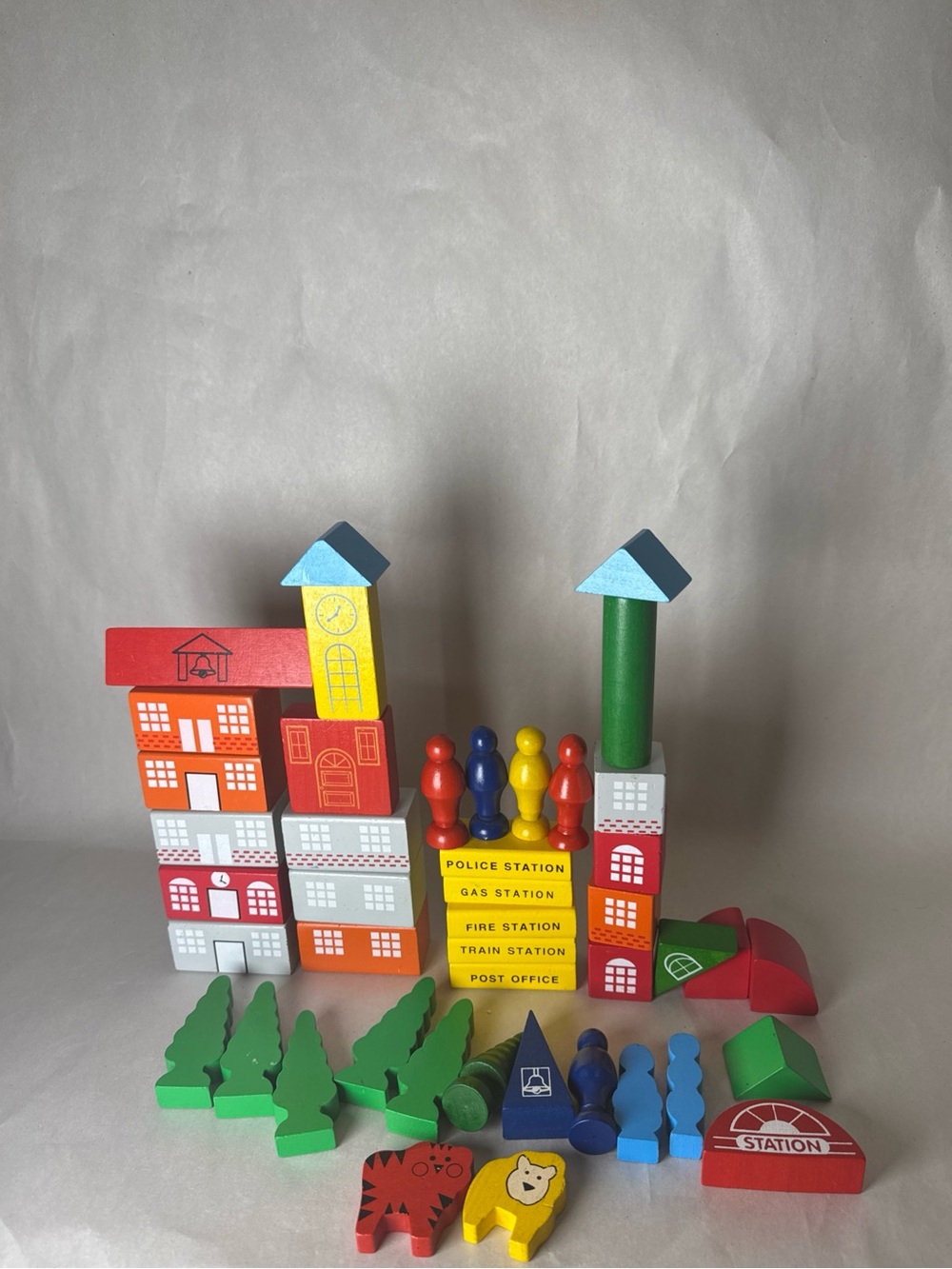 Vintage Wooden Village Building Blocks Set 44 Pieces Trees Animals And Buildings